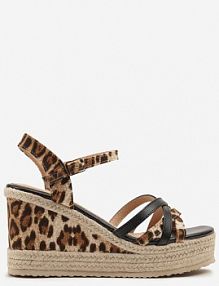 Czarne Sandały w Panterkę na Plecionym Koturnie z Ozdobnymi Paskami Tananira Renee