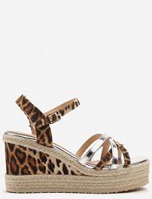 Srebrne Sandały w Panterkę na Plecionym Koturnie z Ozdobnymi Paskami Tananira Renee