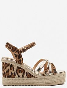 Złote Sandały w Panterkę na Plecionym Koturnie z Ozdobnymi Paskami Tananira Renee
