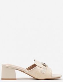 Beżowe Klapki na Obcasie ze Wstawką z Plecionki i Elegancką Aplikacją Leandrae Renee damskie