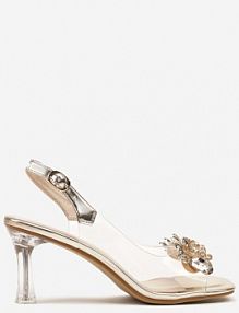 Złote Transparentne Sandały Peep Toe na Szpilce z Odkrytą Piętą i Ozdobną Aplikacją Giggie sergio leone