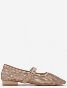 Ciemnobeżowe Czółenka w Stylu Balerinek na Niskim Słupku z Siateczki Zapinane na Pasek ze Sprzączką Elasiela Renee