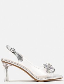 Srebrne Transparentne Sandały Peep Toe na Szpilce z Odkrytą Piętą i Ozdobną Aplikacją Giggie sergio leone