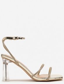 Złote Sandały Vices Ozdobione Cyrkoniami na Przeźroczystej Szpilce Nativira