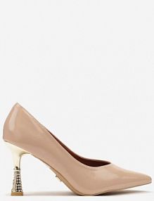 Ciemnobeżowe Lakierowane Szpilki Vices z Wkładką ze Skóry Naturalnej Zdobione Cyrkoniami Gioriana