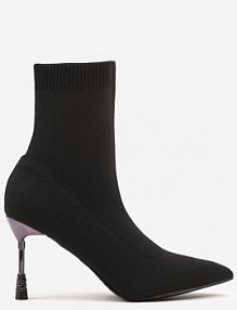 Czarne Botki Vices na Biżuteryjnej Szpilce ze Skarpetkową Cholewką i Noskiem w Szpic Tififre