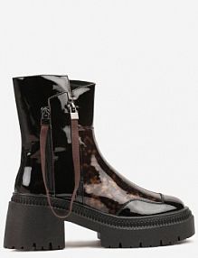 Czarno-Brązowe Botki Lakierowane Vices Ozdobione Tasiemką Rotine
