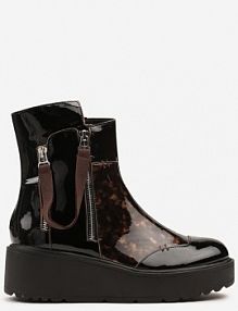 Czarno-Brązowe Botki Lakierowane Vices na Koturnie i Platformie Ozdobione Suwakiem Gattie Renee