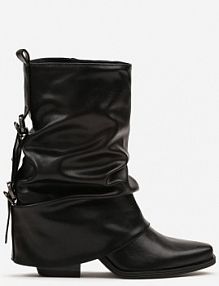 Czarne Botki Kowbojki na Stożku z Marszczoną Wywiniętą Cholewką i Klamrami Finitta Renee damskie