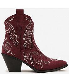 Bordowe Kowbojki Botki Ozdobione Cyrkoniami na Stożkowym Słupku Tulmira Renee damskie