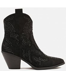 Czarne Kowbojki Botki Ozdobione Cyrkoniami na Stożkowym Słupku Tulmira Renee damskie