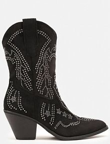 Czarne Botki na Kowbojki na Słupku z Cyrkoniami Flarise Renee damskie