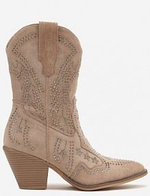 Ciemnobeżowe Botki na Kowbojki na Słupku z Cyrkoniami Flarise Renee damskie