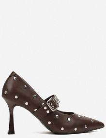 Brązowe Czółenka Vices na Szpilce z Wkładką ze Skóry Naturalnej Ozdobione Nitami Rileinea