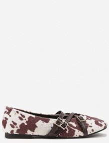 Brązowo-Białe Balerinki Vices Mary Jane w Krowie Łaty z Wkładką ze Skóry Naturalnej Rilomia damskie