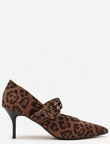 Brązowe Panterkowe Czółenka Vices na Szpilce z Wkładką ze Skóry Naturalnej z Klamrą Nalisette Renee