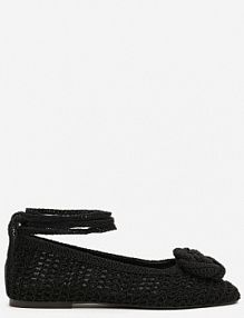Czarne Balerinki Vices z Plecionki Zdobione Wiązaniem i Aplikacją Erezelia damskie