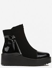 Czarne Botki na Koturnie z Lakierowanymi Wstawkami i Ozdobnym Suwakiem Lannovia Renee