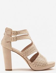 Beżowe Sandały na Słupku Vices Ozdobione Wycięciami i Perforacją Firaleia