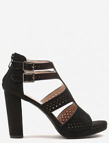 Czarne Sandały na Słupku Vices Ozdobione Wycięciami i Perforacją Firaleia