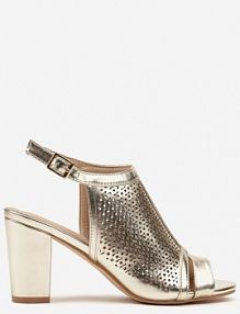 Złote Sandały Vices na Słupku z Ażurową Cholewką i Skórzaną Wkładką Saramiae