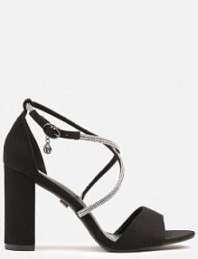 Czarne Sandały Vices na Słupku Ozdobione Paskami z Cyrkonii Rovettia