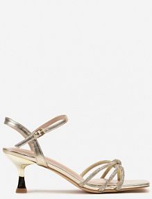 Złote Sandały Vices na Obcasie Typu Kaczuszka Ozdobione Cyrkoniami Lumariane