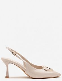 Beżowe Czółenka Sandały na Szpilce Vices Slingback Lakierowane z Ozdobą Ataloria