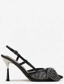 Czarne Sandały Siateczkowe Vices na Szpilce Zdobione Kokardą i Cekinami Reandra