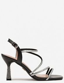 Czarne Cyrkoniowe Sandały Vices na Stożkowym Obcasie Galitiela
