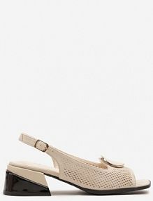 Beżowe Sandały Vices na Słupkowym Obcasie z Ażurową Cholewką z Aplikacją Idamines