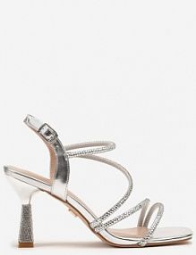 Srebrne Cyrkoniowe Sandały Vices na Stożkowym Obcasie Galitiela
