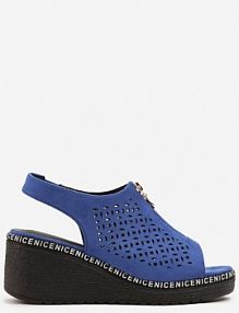 Niebieskie Sandały Vices na Koturnie z Ażurową Cholewką i Suwakiem Linalunea