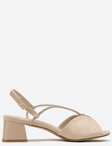 Beżowe Sandały na Niskim Słupku ze Skórzaną Wkładką Zdobione Paskami z Cyrkoniami Alerad Renee