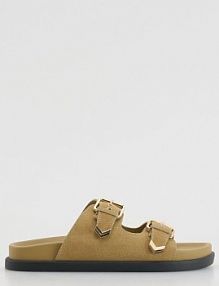 Zamszowe klapki z klamrami Reserved beżowe damskie 006FG-80X