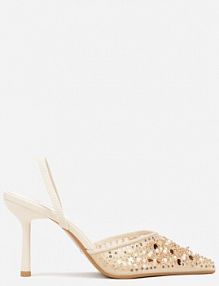 Beżowe Szpilki Slingback Zdobione Perełkami i Cekinami Irifera Renee