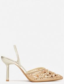 Złote Szpilki Slingback Zdobione Perełkami i Cekinami Irifera Renee