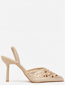 Ciemnobeżowe Szpilki Slingback Zdobione Perełkami i Cekinami Irifera Renee