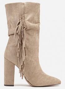 Ciemnobeżowe Botki Kowbojki na Słupku z Frędzlami Reisetia Renee damskie