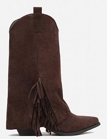 Brązowe Botki Kowbojki na Stożku Ozdobione Frędzlami Reielle Renee damskie