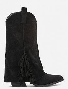 Czarne Botki Kowbojki na Stożku Ozdobione Frędzlami Reielle Renee damskie