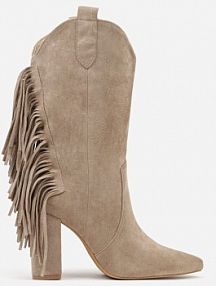 Ciemnobeżowe Botki Kowbojki na Słupku Ozdobione Frędzlami Reikka Renee damskie