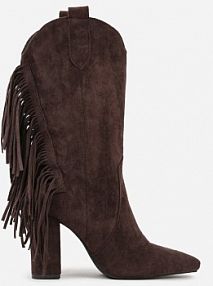 Brązowe Botki Kowbojki na Słupku Ozdobione Frędzlami Reikka Renee damskie
