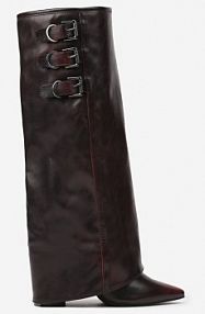 Bordowe Kozaki na Słupku z Wywiniętą Cholewką Klamrami i Paskami Renniel Renee