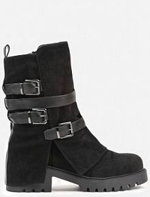 Czarne Botki Bikery Ozdobione Klamrami i Wywiniętą Cholewką Seride Renee damskie