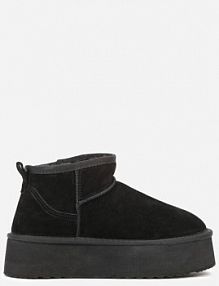 Czarne Wsuwane Śniegowce z Zamszu Naturalnego na Grubej Podeszwie Mevilira Renee damskie