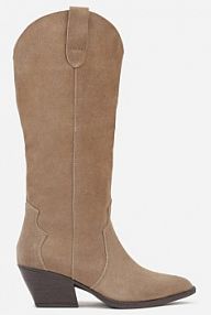 Ciemnobeżowe Kozaki Typu Kowbojki na Stożku z Naturalnego Zamszu Adeora Renee