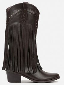 Brązowe Botki Kowbojki na Stożku z Cholewką z Ćwiekami i Frędzlami Elles Renee damskie