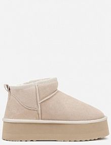 Beżowe Wsuwane Śniegowce z Zamszu Naturalnego na Grubej Podeszwie Mevilira Renee damskie