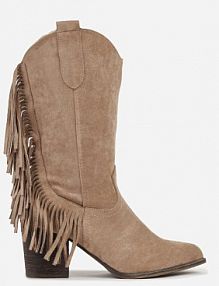 Beżowe Botki Kowbojki na Stożku z Frędzlami przy Cholewce Reinia Renee damskie